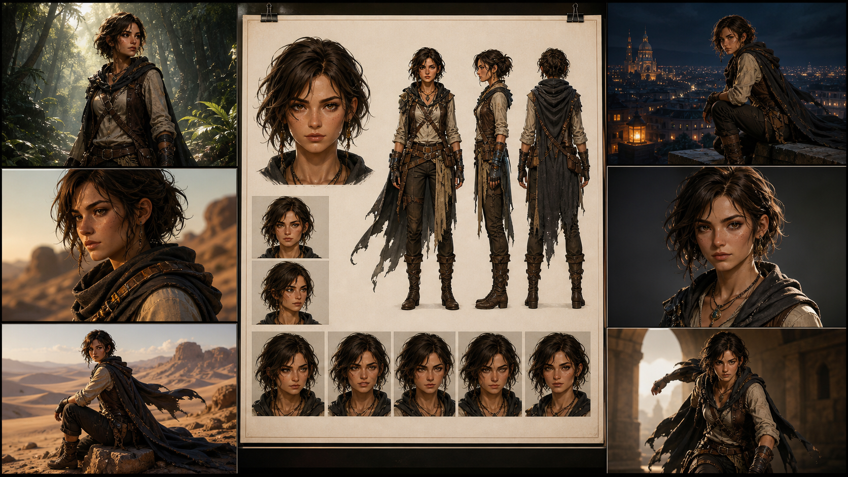 Character bible showing a consistent AI art character across scenes