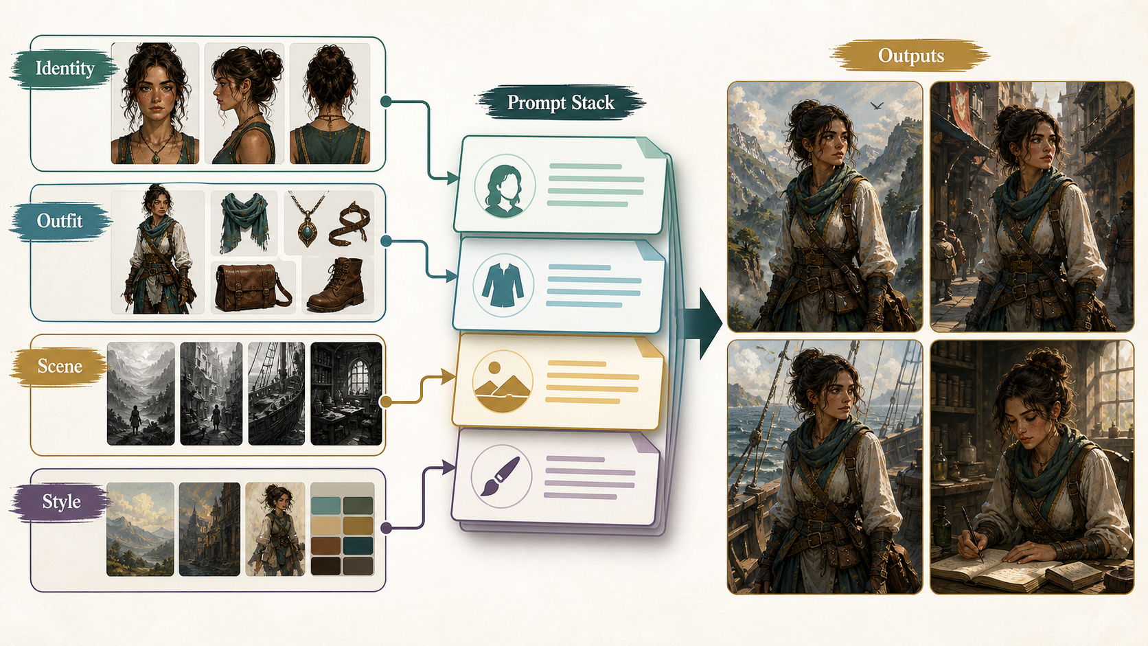 Layered prompt workflow for character consistency in AI art